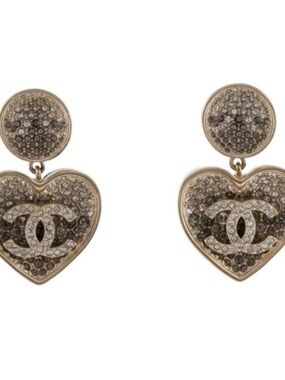 CHANEL Gold-Tone Crystal Heart Drop Earrings with CC Motif